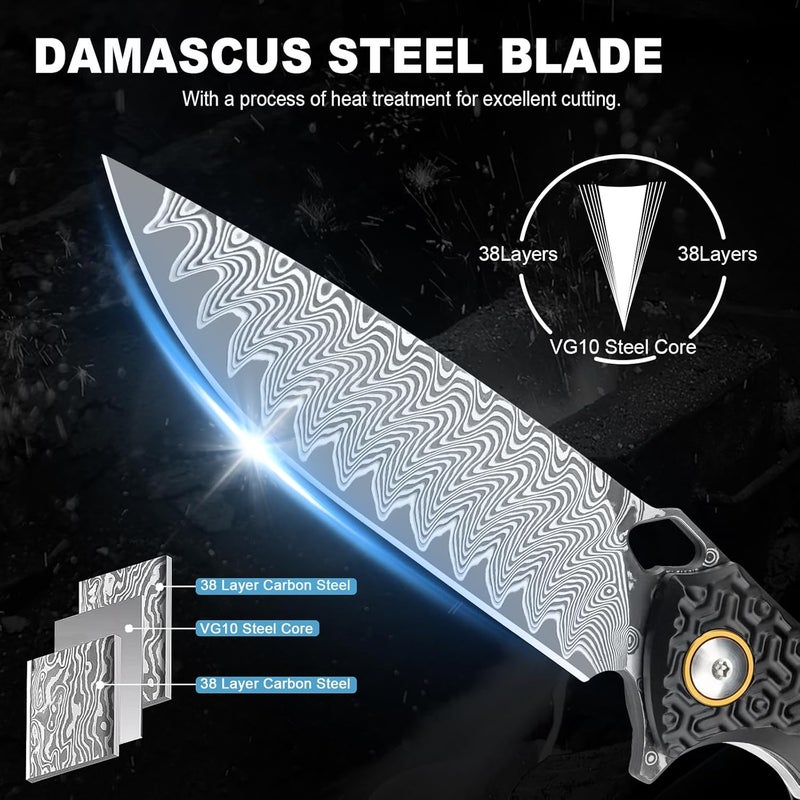 Zingbee Damascus Pocket Knife for Men Women, 3.35" VG10 Core Damascus Steel Blade Folding Knives with Black Aluminum Handle, EDC Camping Knife - Image 4
